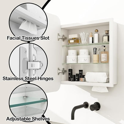 Rectangle Medicine Cabinet with Beveled Edge Mirror, No-Assembly Bathroom Wall Cabinet with Mirror, Adjustable Shelves, Tissue Slot, Recessed or Surface Mount (20" H x 16" W)