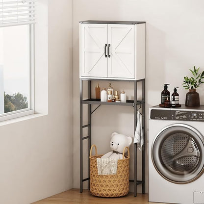 Over The Toilet Storage Cabinet, Bathroom Above Toilet Cabinet Organizer with Doors and Adjustable Shelves, Bathroom Shelf Organizer with Anti-Tip Device & Drain Rack, White