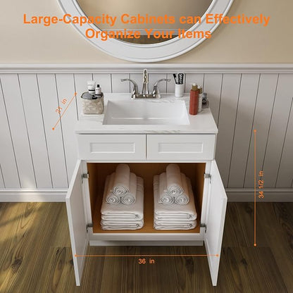 ROOMTEC Bathroom Cabinet, 36'' Free Standing Single Bathroom Vanity with 2 False Drawers and 2 Doors,Morden Bathroom Sink Vanity Storage Cabinet, Shaker White