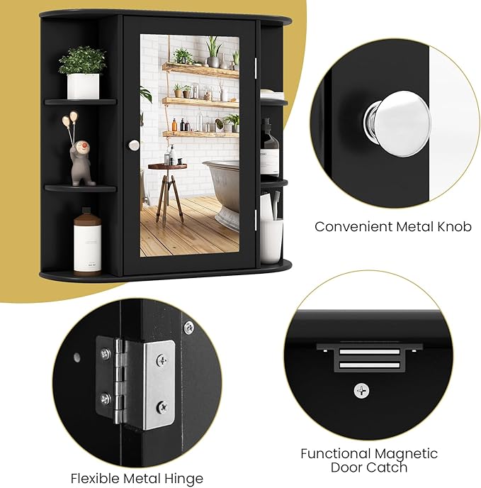 RELAX4LIFE Bathroom Wall Cabinet with Mirror - Medicine Cabinet w/Door, 6 Open Shelves & Adjustable Shelves, Over The Toilet Storage Cabinet Organizer, Mirrored Bathroom Cabinet Wall Mount (Black)