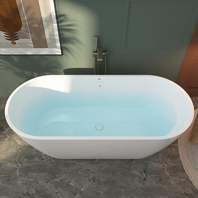 FerdY 67" Bali Elite Acrylic Freestanding Bathtub, Gracefully Shaped Freestanding Soaking Bathtub, cUPC Certified, Toe-Tap Polished White Drain & Minimalist Linear Design Overflow