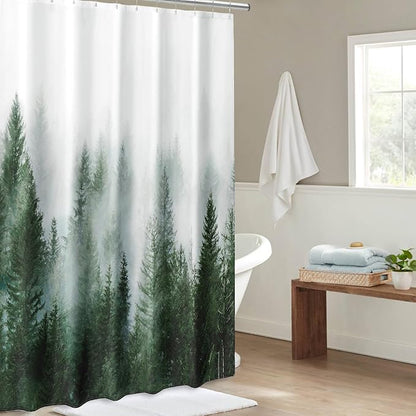 ORTIGIA Green Shower Curtain for Bathroom Misty Forest Pattern, Nature Woodland Artistic Shower Curtain Set with Metal Hooks, Waterproof Weighted Pine Tree Fog Bath Curtain, 72x72