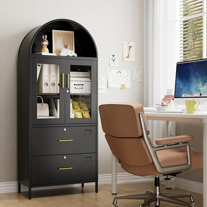 73''H Metal Arch File Cabinet, Black Arched Bookcase with Locking Glass Doors and Drawers,Filing Cabinet for Home Office,Assemble Required,Black