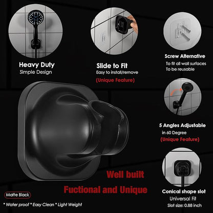 Handheld Shower Head Holder - 5 Positions Adjustable - Concealed Adhesive Mount with Screw Option- Bathroom Wall Mount Shower Hose Holder (Matte Black)