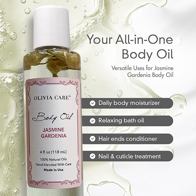 Olivia Care Jasmine Gardenia Body Oil Vegan & Natural Oil For Women | Hydrating & Moisturizing After Bath Oil - with VITAMIN E, K & Omega Fatty Acids Reduce Dry Skin - 4 OZ