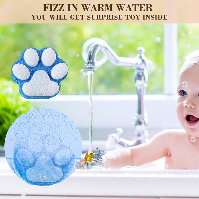 Paw Bath Bomb for Kids with Surprise Toys Inside, 12 Pcs Colorful Handmade Natural Bath Ball with Sparkling Crystal Toys, SPA Fizzy Bath Bomb Gift Set for Girl Boy at Christmas, Birthday