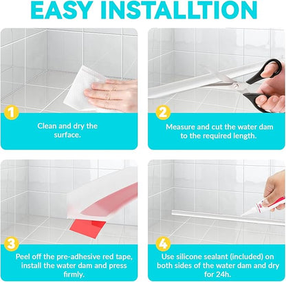 Shower Threshold Water Dam Barrier 98", Silicone Sealant Included, Collapsible Self-Adhesive Water Blocker, Shower Door Water Stopper for Floor Bathroom Kitchen Bathtub Sink