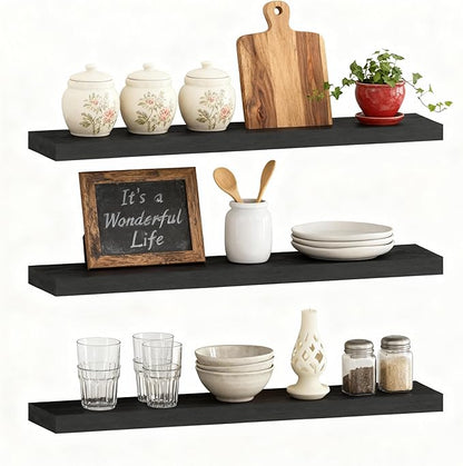 ROGMARS Black Floating Shelves for Wall,36 inch Rustic Wooden Floating Wall Mounted Book Shelves with Invisible Brackets for Living Room, Bedroom, Kitchen, Bathroom,Set of 3