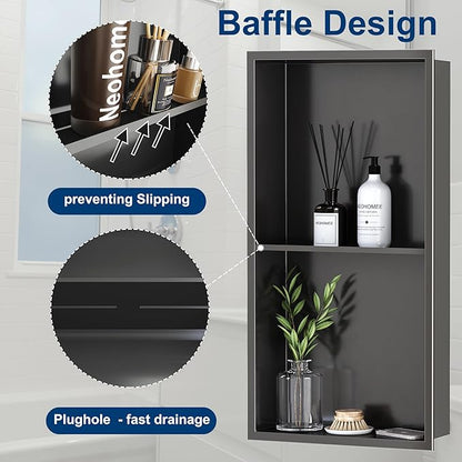Neodrain 12X24 Inch Shower Niche, Gun Metal 2-Tier Stainless Wall Niche NO Tile Needed Recessed Cabinet for Bathroom Storage