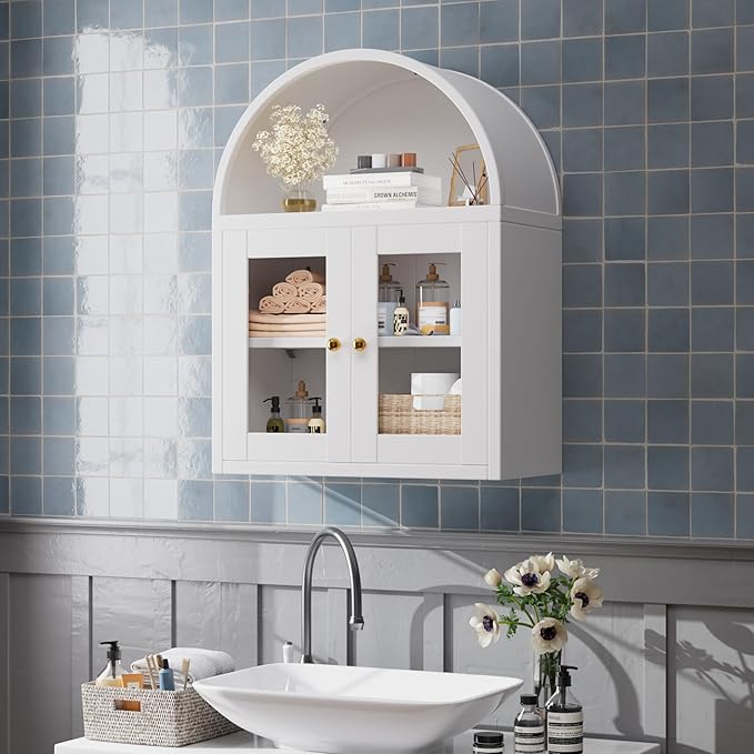 Arched Wall Cabinet, Bathroom Wall Mounted Cabinet with Glass Display Doors, Adjustable Shelves for Bathroom, Living Room, Dining Room, Laundry, Kitchen