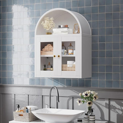 Arched Wall Cabinet, Bathroom Wall Mounted Cabinet with Glass Display Doors, Adjustable Shelves for Bathroom, Living Room, Dining Room, Laundry, Kitchen
