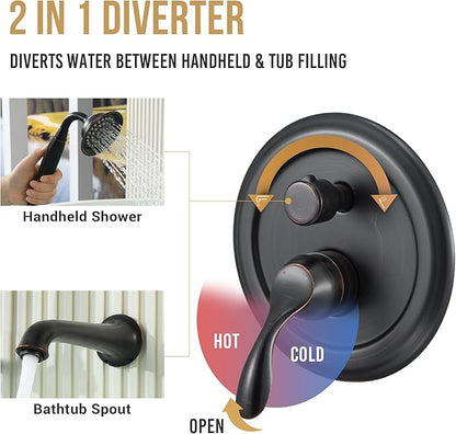 DASAN Antique Wall Mount Tub Filler Faucet with Hand Held Shower, Oil Rubbed Bronze Bathtub Faucet with Sprayer Wall Mounted Roman Bath Tub Faucet Set with High Flow Rough in Valve, AT201TF-ORB