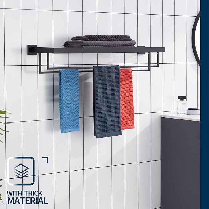 KOKOSIRI Black Towel Rack 32'' Bathroom Towel Shelf with Double Towel Bars SUS304 Matte Black Stainless Steel Wall Mounted, B6003BK-L32