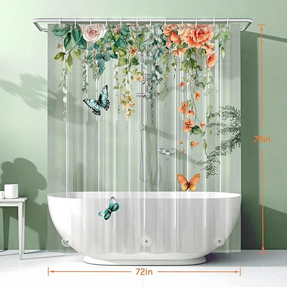 Clear Colorful Floral Butterfly Shower Curtain Liner, Plastic Pretty Pink and Orange Flower Green Eucalyptus Leaf Shower Curtains for Bathroom, 72x78 Weighted Magnetic Shower Curtain Set with 12 hooks