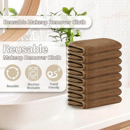 Nugilla Makeup Remover Cloths, 8 Packs Makeup Remover Towels Reusable Face Wash Cloth, Soft Microfiber Face Cloth for Women(Light Brown)