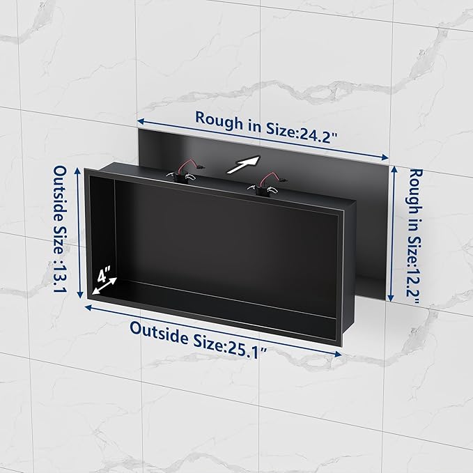Neodrain Wall Niche with Non-dimmable LED Downlight, Matte Black Stainless Niche NO Tile Needed 24X12Inch Shower Niche, Built-in Recessed Cubby for Bathroom Storage