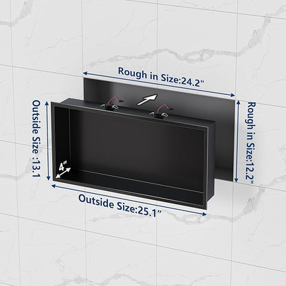 Neodrain Wall Niche with Non-dimmable LED Downlight, Matte Black Stainless Niche NO Tile Needed 24X12Inch Shower Niche, Built-in Recessed Cubby for Bathroom Storage