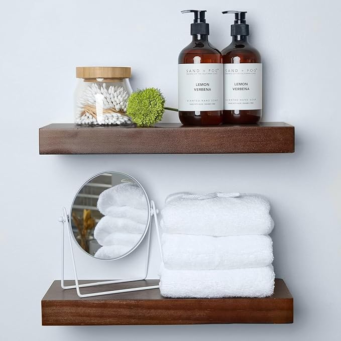 Homeforia Walnut Floating Bathroom Shelves, High End Solid Real Wood 16 inch Small Floating Shelf for Wall Mounted, Dark Brown 16inch Floating Shelves, Heavy Duty Bracket, 16 X 6.5 X 1.75 in, Set of 4