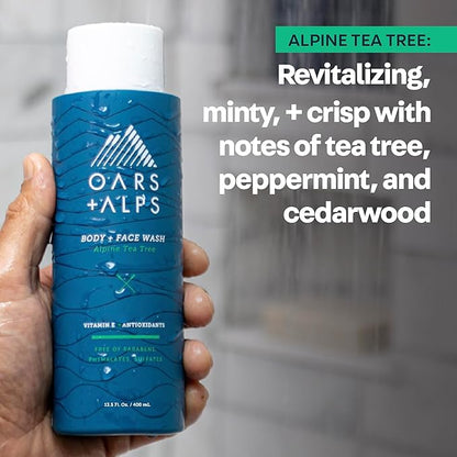 Oars + Alps Body and Face Wash for Men, Mens Body Wash & Face Cleanser with Vitamin E and Antioxidants, Moisturizing, Hydrating, Paraben & Sulfate Free Cleanser, Alpine Tea Tree, 3pk