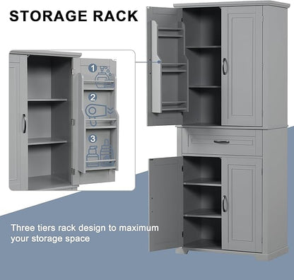 Favfurish 72" Tall Bathroom Storage Cabinet with Doors and Drawer,Modern Linen Cabinets w/Adjustable Shelves & Door Storage Rack,Freestanding Organizer for Bath Room,Study,Office,Kitchen Grey