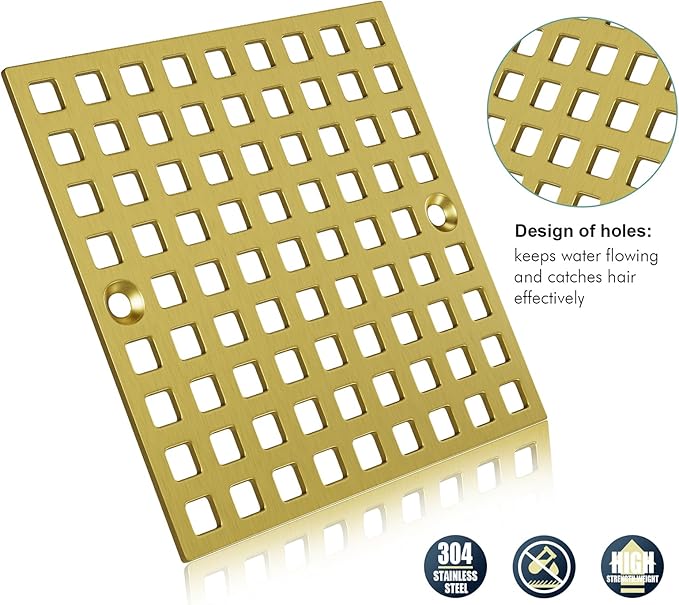 3-7/8" Brushed Gold Shower Drain Cover - Square Floor Drain Cover Replacement - Hair Catcher/Drain Strainer for Bathrooms, Showers, and Sinks - SUS304 Stainless Steel & CUPC Certified