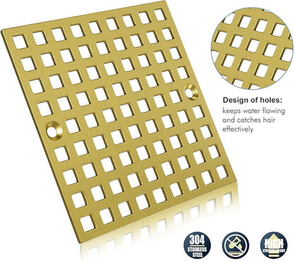 3-7/8" Brushed Gold Shower Drain Cover - Square Floor Drain Cover Replacement - Hair Catcher/Drain Strainer for Bathrooms, Showers, and Sinks - SUS304 Stainless Steel & CUPC Certified