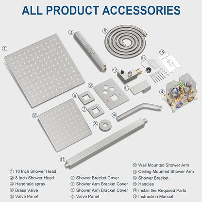 Shower Faucet Set Brushed Nickel Shower System, Ceiling Mount 10 Inch Shower Head With Wall Mount 6 Inch Shower Head and 2 in 1 Handheld Spray, Push Button Diverter Shower Valve Trim Kit