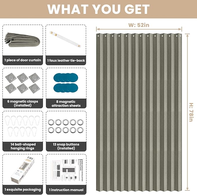 Accordian Door Curtain, 100% Blackout Folding Magnetic Doorway Curtains,Linen Style Closet Doors,for Room Divider,Privacy Protection（W52 x L78,Grey,1 Panel）
