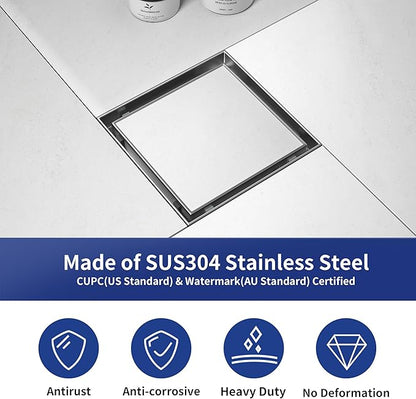 Square Shower Drain 6", Brushed Floor Drain with Tiled Insert Grate & Hair Strainer, 304 Stainless Steel Bathroom 2-in-1 Tiled in Drain, CUPC Certified (Brushed, 6'')