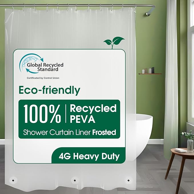 Bowery Home Eco-Friendly Recycled PEVA Shower Curtain Liner – Waterproof, Sustainable, Non-Toxic Shower Curtain Liner, with Rust-Proof Grommets, NOT Made in China - 72x72IN, 4G – Frosted