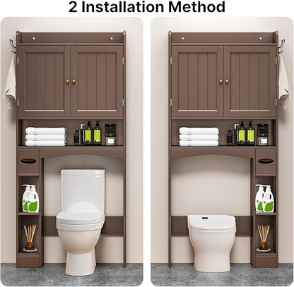 Ahomly Over The Toilet Storage Cabinet, 32.3" W Over Toilet Bathroom Organizer with Doors, Adjustable Shelves, Toilet Paper Holder, 2 Side Hooks, Space-Saver for Bathroom, Laundry, Espresso