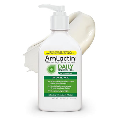 AmLactin Daily Nourish Therapeutic Body Lotion for Dry Skin - No-Scrub Exfoliator and Moisturizer - AmLactin 12% Lactic Acid Lotion, 7.9 oz (Packaging May Vary)