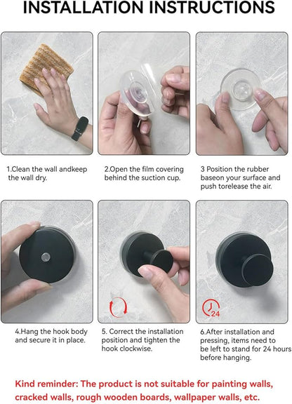 Suction Cup Hooks for Shower, Stainless Steel Towel Hooks for Bathroom Wall, Glass Door, Kitchen, Mirror, Tile, Shower Hooks for Hanging Towels, Robes, Bath Balls (2 Pack，Black)