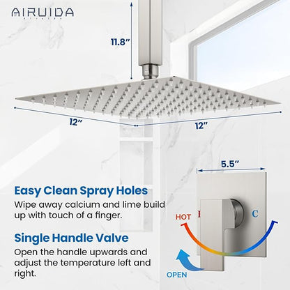 Airuida Shower Faucet Set and Handle Set Single Function Shower Trim Kit Ceiling Mount Rainfall Shower System with Male Threads and Rough-in Valve 12 Inch Square Shower Head Brushed Nickel