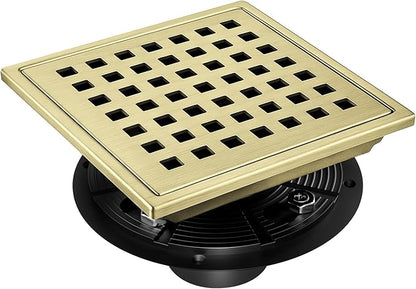 morefine Gold Shower Drain 6 inch with Flange, Square Shower Drain with Removable Grate Cover, SUS 304 Stainless Steel, Brushed Gold
