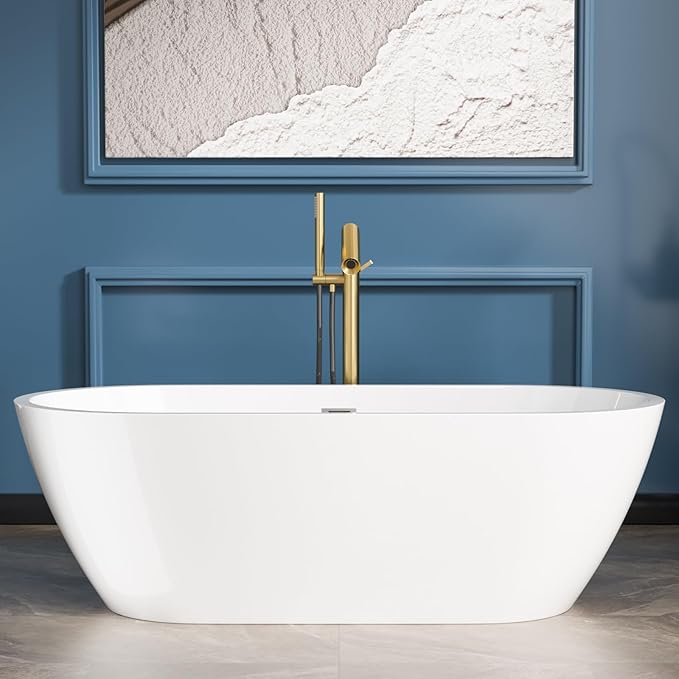 Sarlai 67 Inch Acrylic Freestanding Soaking Bathtub Contemporary Soaking White Tub Stand Alone Ergonomic Bathtub with Chrome Drain and Overflow