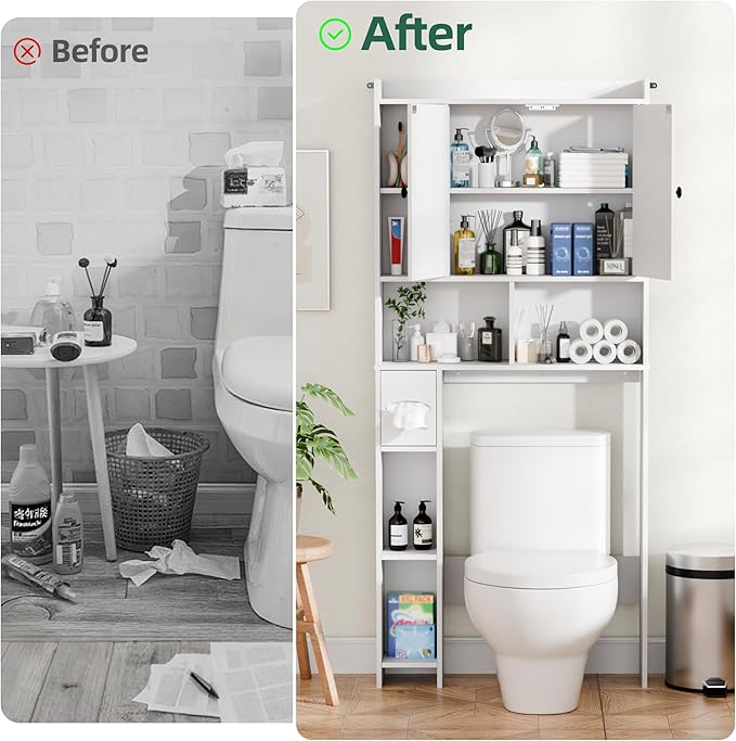Over The Toilet Storage Cabinet with 2 Barn Door and Toilet Paper Holder Stand, Adjustable Shelf, Freestanding Organizer for Bathroom, or Laundry Room, White