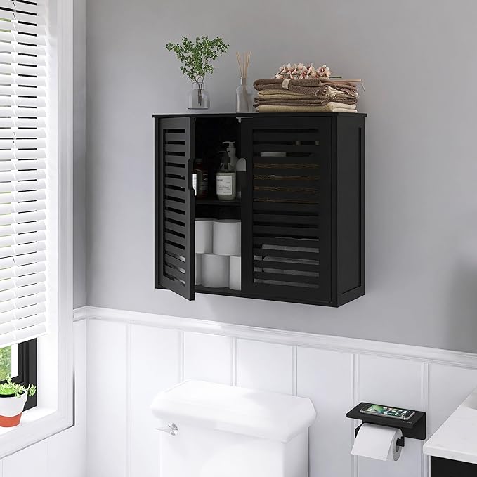 HITNET Black Bathroom Storage Cabinet, Hanging Medicine Cabinet with Adjustable Shelf, Bamboo Over The Toilet Wall Mounted Space Saver Organizer, Double Doors