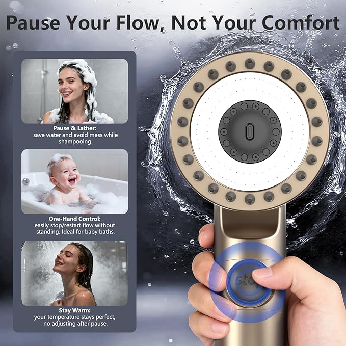 Filtered Shower Head with Handheld, High Pressure Water Flow and Multiple Spray Modes Shower Head with Filter, Power Wash for Hard Water, Showerhead with ON/OFF Switch for Pets Bath (Golden)