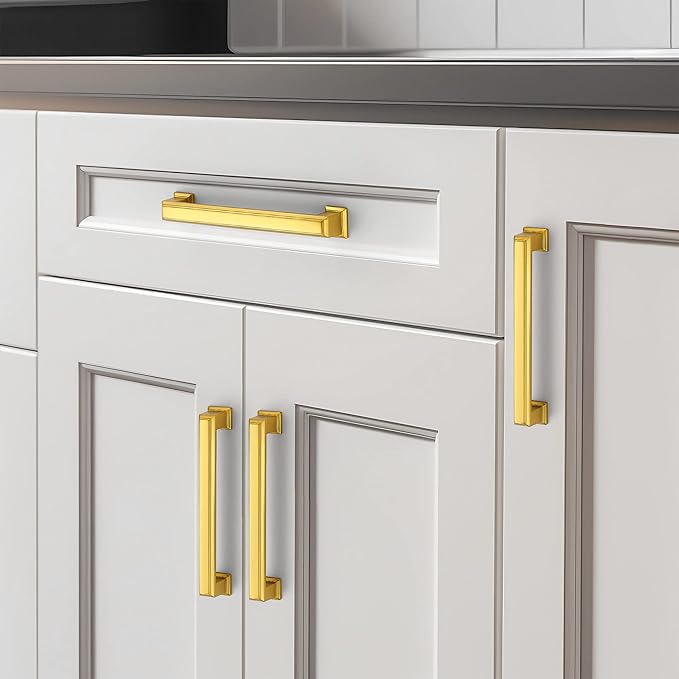 Ravinte Hardware 15 Pack Brushed Brass Cabinet Pulls, 5 Inch (128mm) Hole Center Zinc Alloy Drawer Handles for Kitchen Cabinets, Cupboards, Dressers, Square Solid Metal Hardware