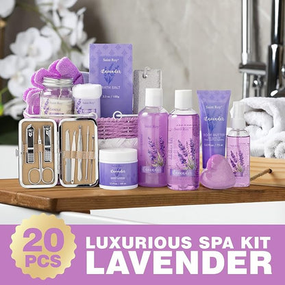 Large Spa kit for women gift set, 20 PCS Spa Gift Baskets Christmas Gifts for Women Bath Kit with Lavender gifts spa gift set Basket, Luxury Self Care Home Spa Kit Lavender Bath Gift Basket