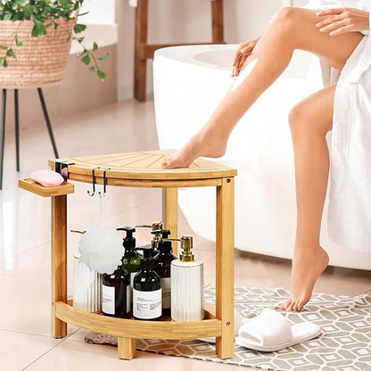 Ollieroo 2-Tier Bamboo Corner Shower Stool for Shaving Legs, Waterproof Bench with Storage Shelf and Soap Dish, Non-Slip Foot Rest (Natural)