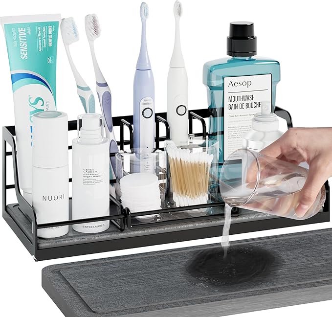 Toothbrush Holders, Bathroom Organizers and Storage with Instant Drying Stone, 6 Slots Bathroom Accessories with Adjustable Toothpaste Holders, Bathroom Counter Organizer, Black