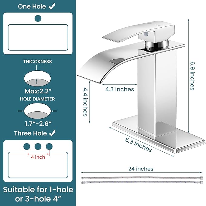 Bathroom Faucets Chrome Waterfall Bathroom Sink Faucet Modern Single Handle Bathroom Faucet for 1 or 3 Hole Mxier Tap Washbasin Faucet with Deck, Pop-up Drain and Supply Hoses