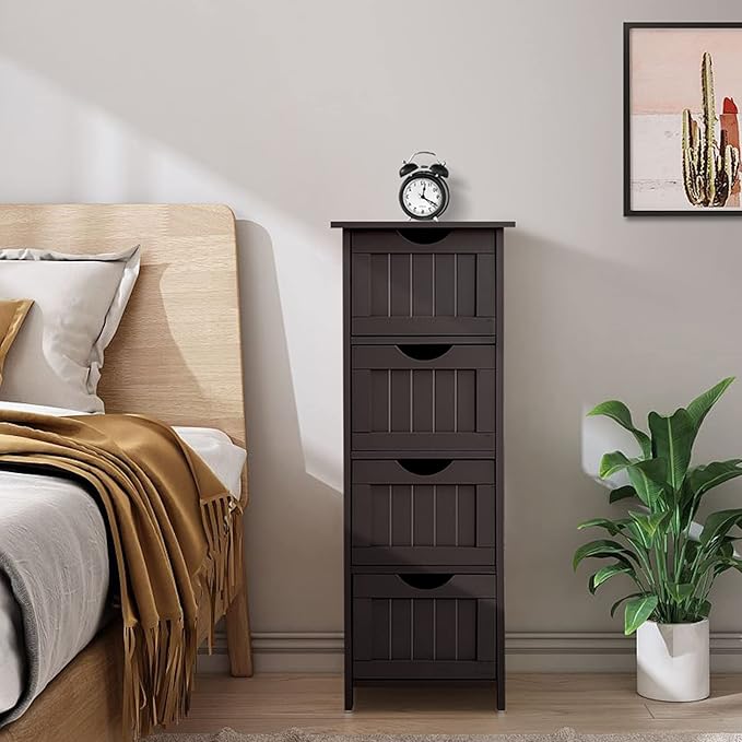Bonnlo Skinny Bathroom Floor Storage Cabinet, 12 Inch Wide Deep Small Storage Organizer with 4 Drawers, Wooden Modern Espresso Thin Free Standing Tower Cabinet w/ 4 Cute Drawers for Bathroom