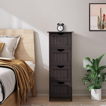 Bonnlo Skinny Bathroom Floor Storage Cabinet, 12 Inch Wide Deep Small Storage Organizer with 4 Drawers, Wooden Modern Espresso Thin Free Standing Tower Cabinet w/ 4 Cute Drawers for Bathroom