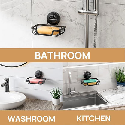 LEVERLOC Soap Dish, Soap Bar Holder for Shower Suction Cup Wall Mounted, Stainless Steel No-Drilling Removable Waterproof Sponge Holder for Bathroom Bathtub Kitchen Sink, Keep Dry, Black