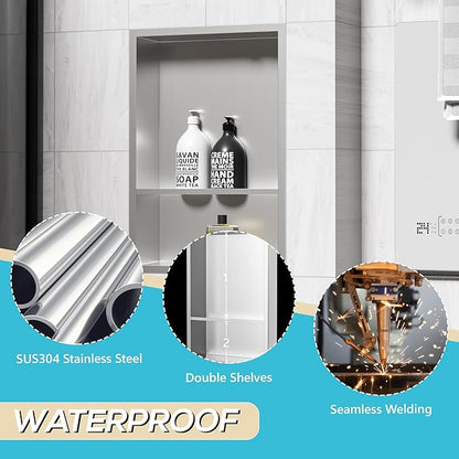 Stainless Steel Shower Niche 18" X 12", No Tile Needed Wall Niche Double Shelves, Recessed Shower Shelf for Bathroom Storage, Brushed Nickel