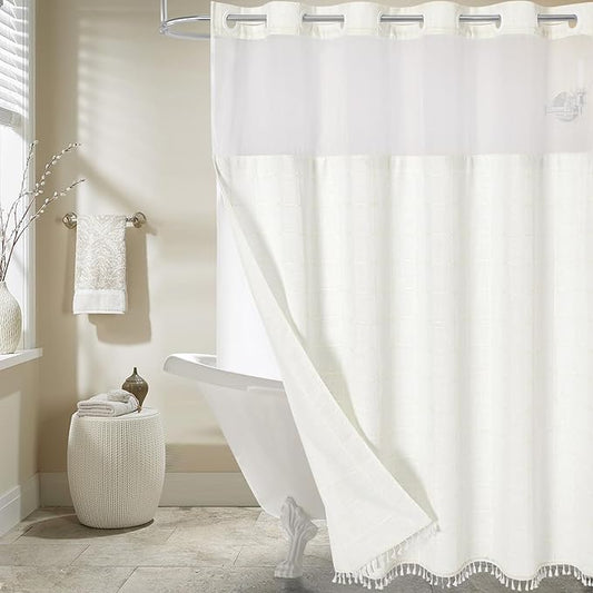 MitoVilla No Hooks Required Farmhouse Shower Curtain with Snap-in Liner - with Window & Magnets, Boho Cotton Linen Fabric Shower Curtains with Tassels for Rustic Bathroom Decor, Ivory, 72 x 74