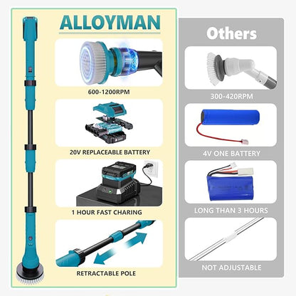 Alloyman 1200RPM Electric Spin Scrubber, 20V Replaceable Battery, Shower Cordless Cleaning Brush, Power Scrubber for Cleaning with 8 Brushes for Bathtub/Tub/Tile/Floor